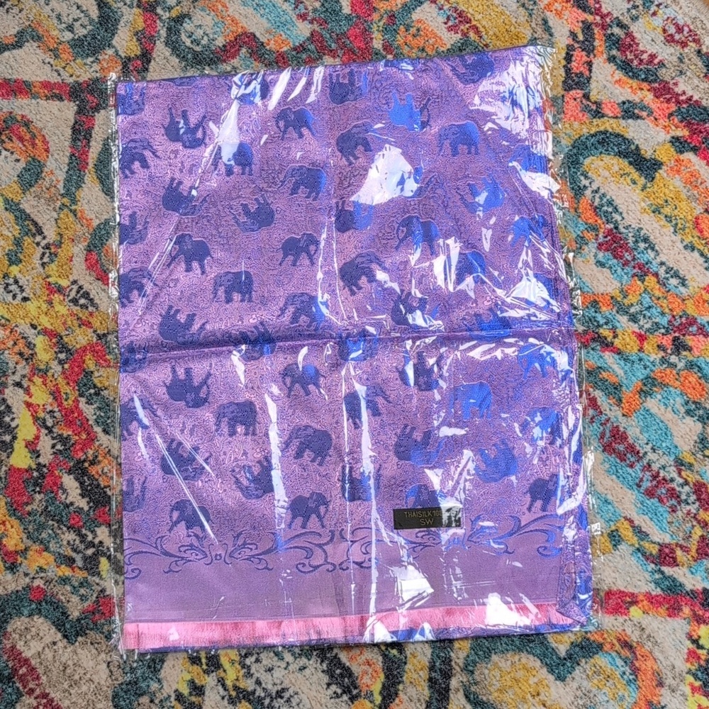 NWT Thai silk purple pink blue scarf with fringe and elephant pattern